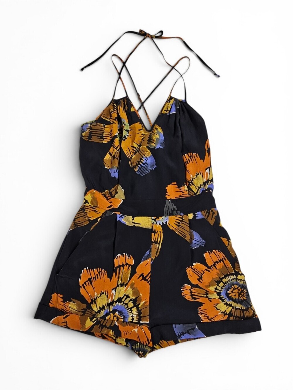Haven Black Silk Floral Halterneck Tie Romper Orange Medium